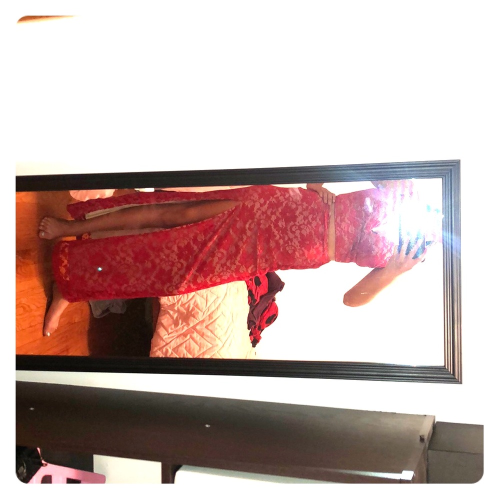 Long red lace dress with slit on left side